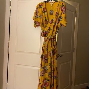 Mustard maxi dress with flowers. Gorgeous fabric, never worn with tags.